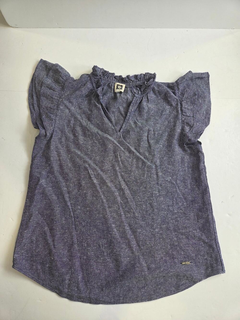 Anne Klein Linen Blend Navy Blue Ruffled V Neck Blouse Small